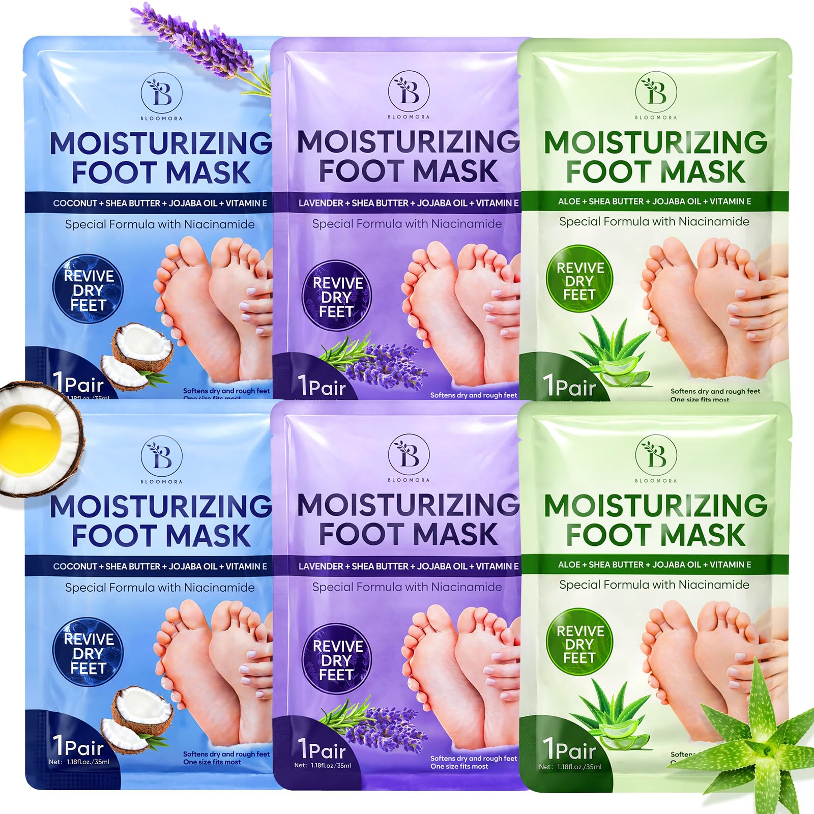 BLOOMORA front packaging showing six moisturizing foot mask pairs and benefits