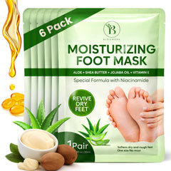 BLOOMORA front packaging showing six moisturizing foot masks for easy storage and selection