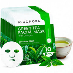 BLOOMORA front packaging showing ten individually sealed green tea masks, emphasizes convenience