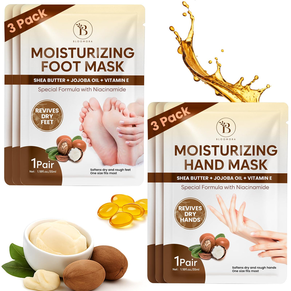BLOOMORA front packaging showing complete hand and foot mask set for deep hydration