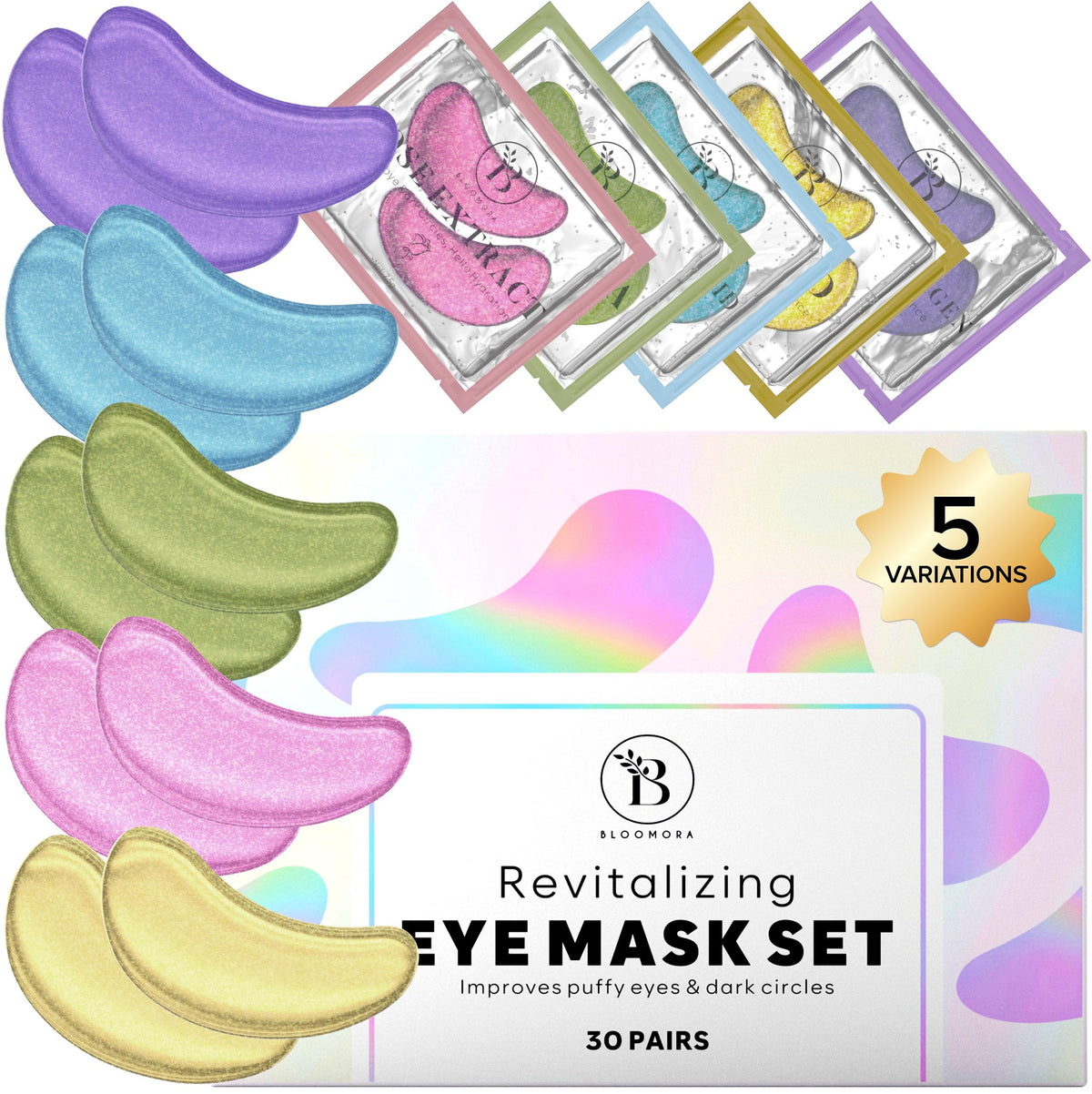 BLOOMORA front packaging showing the five-formula variety pack and benefits