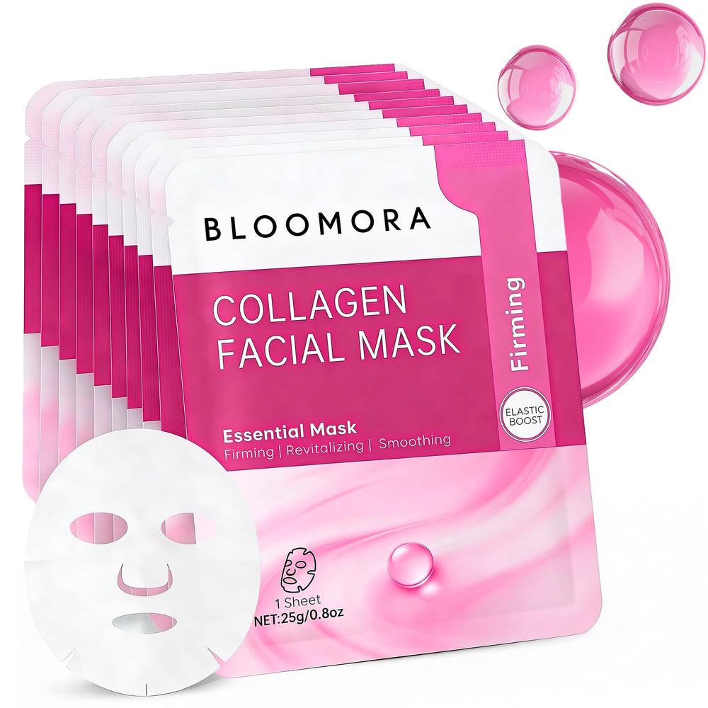 BLOOMORA front packaging showing ten masks and benefits