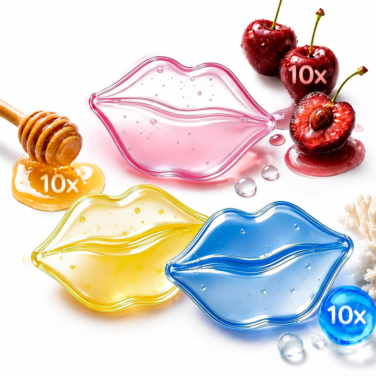 BLOOMORA front packaging showing 30-piece lip mask trio and benefits