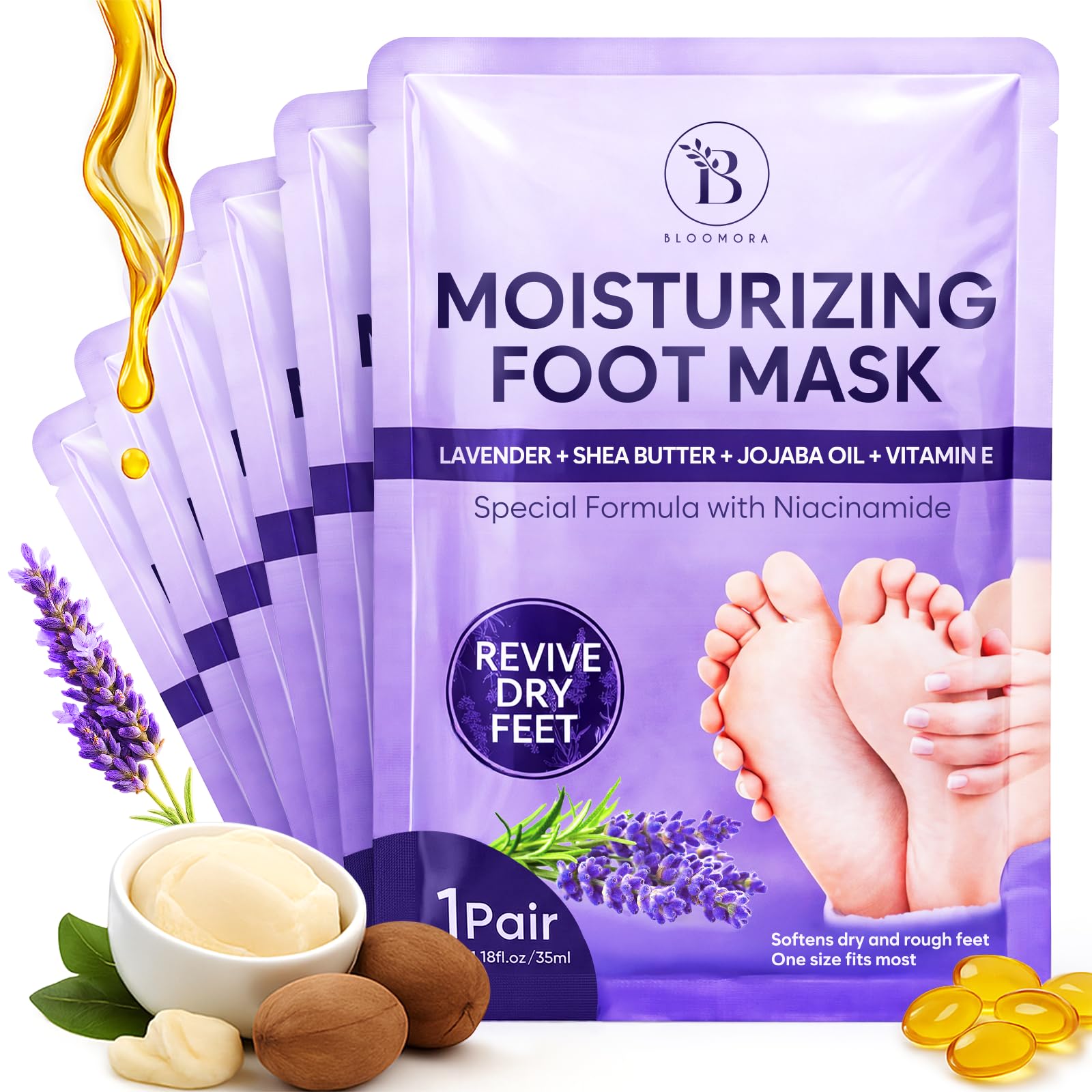 BLOOMORA front packaging showing six moisturizing foot masks and benefits