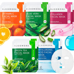 BLOOMORA front packaging showing ten mixed sheet masks and benefits