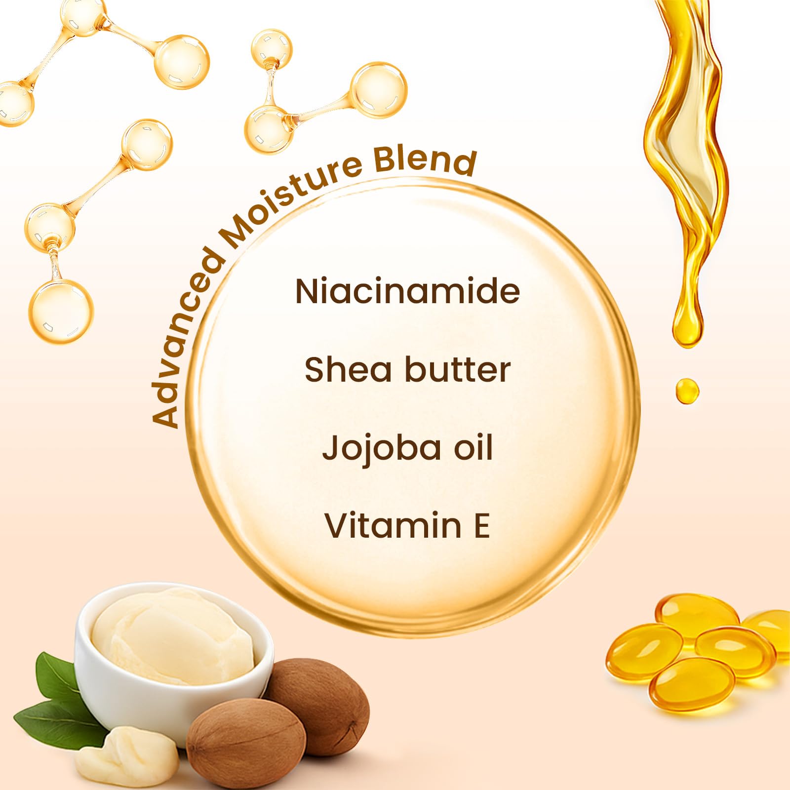 BLOOMORA ingredients display with shea butter jojoba oil vitamin E benefits