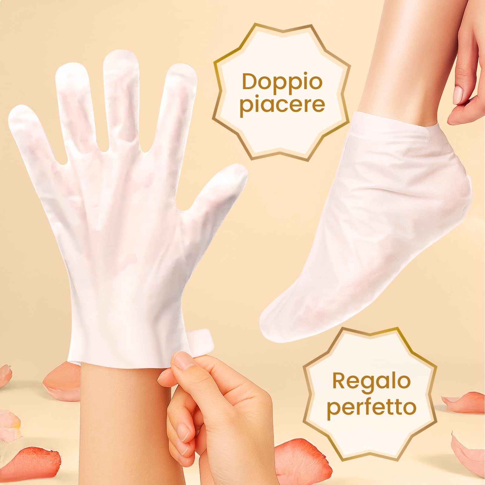 BLOOMORA hands wearing moisturizing gloves demonstrating easy at-home use