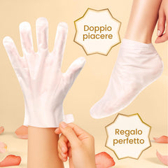 BLOOMORA hands wearing moisturizing gloves demonstrating easy at-home use