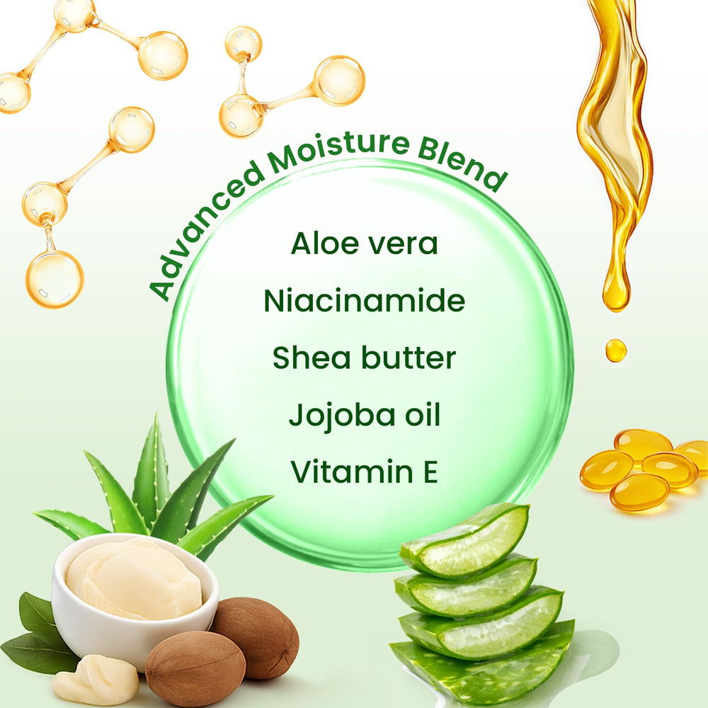 BLOOMORA ingredients display of aloe shea butter and jojoba oil signaling natural hydration benefits