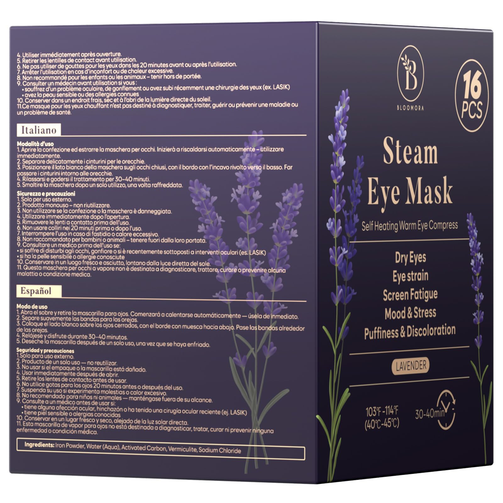 BLOOMORA lavender sprigs beside mask highlighting calming scent