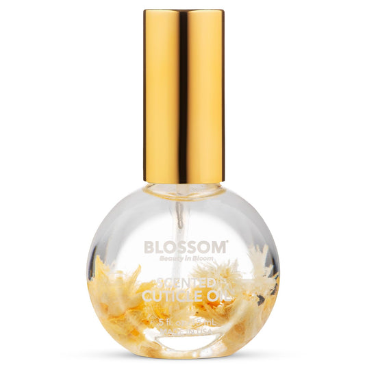 Blossom bottle front view showing almond biscotti scent and floral decoration, enhances presentation