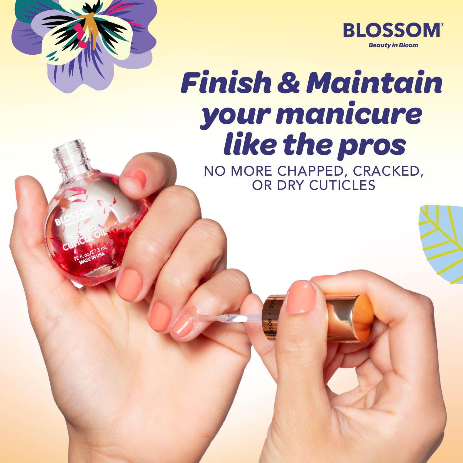 Drop of Blossom oil on skin showing lightweight texture that hydrates cuticles