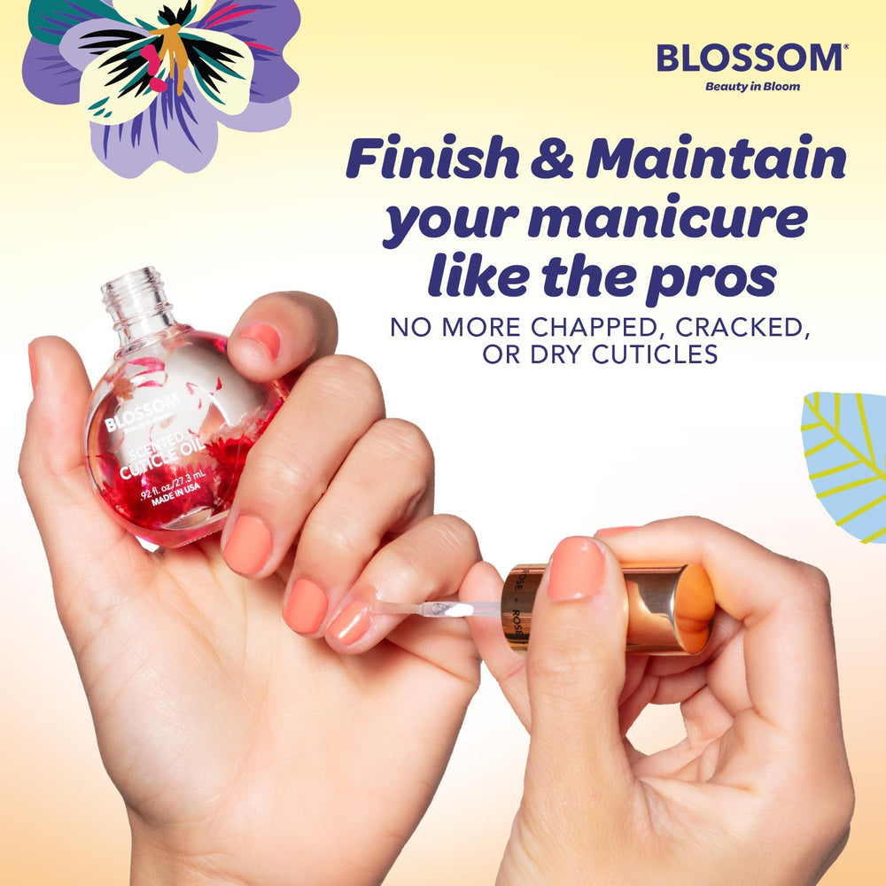 Drop of Blossom oil on skin showing lightweight texture that hydrates cuticles