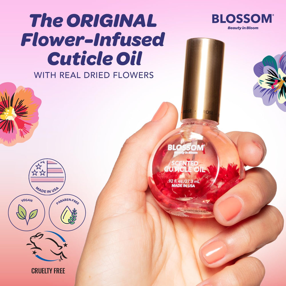 Applicator brush of Blossom oil showing precise drop delivery for targeted cuticle nourishment