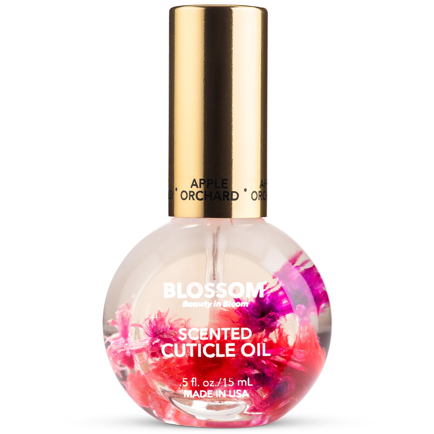 Blossom apple cuticle oil front bottle showing compact design and flower infusion benefits