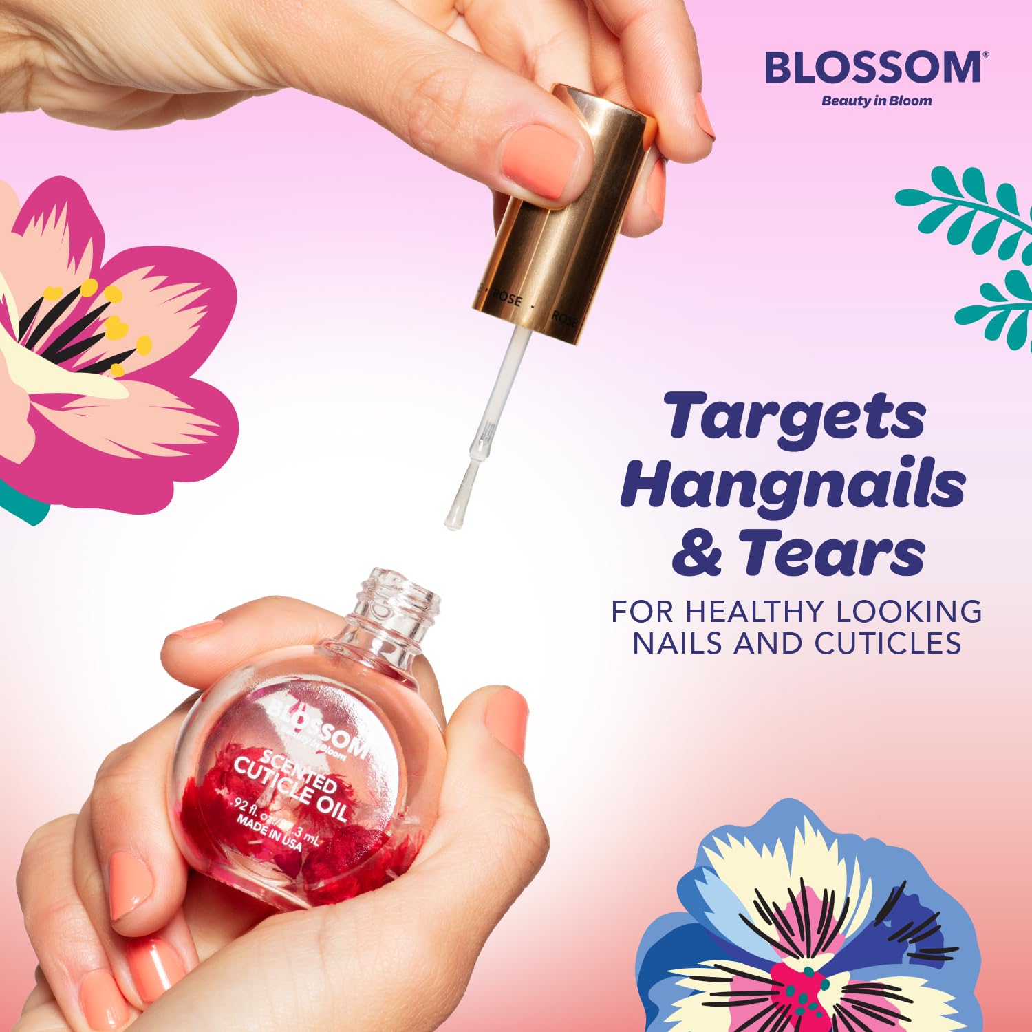 Droplet of Blossom oil on fingertip demonstrating lightweight texture and quick absorption