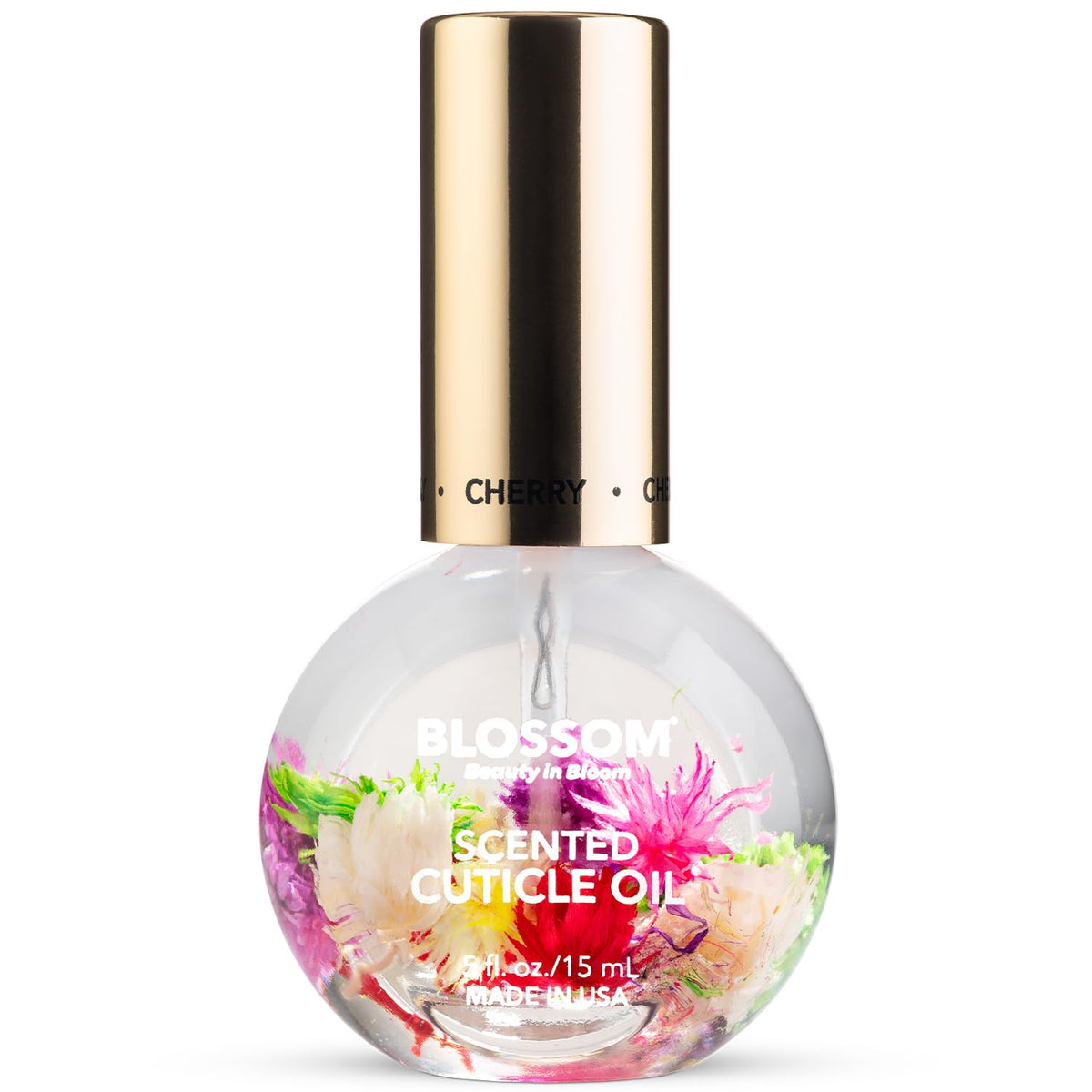 Blossom Cherry cuticle oil front bottle showing floral infusion and travel-friendly size
