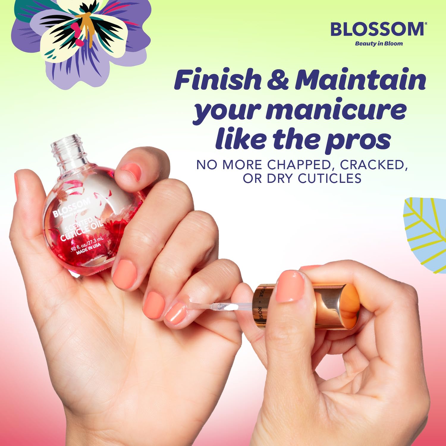 Blossom Cherry cuticle oil label and Blossom logo highlighting made in USA quality