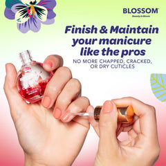 Blossom Cherry cuticle oil label and Blossom logo highlighting made in USA quality