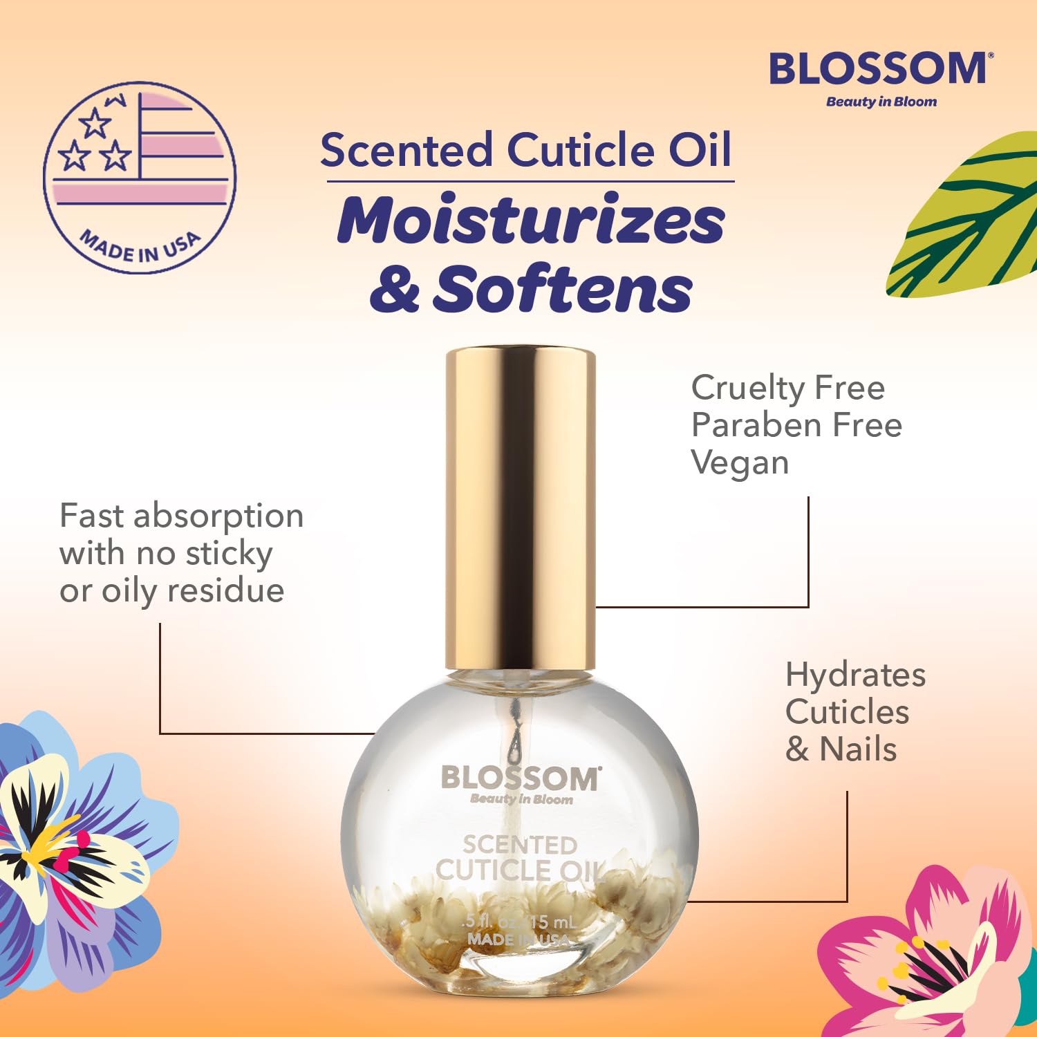 Blossom label and ingredients list highlighting natural and cruelty-free benefit