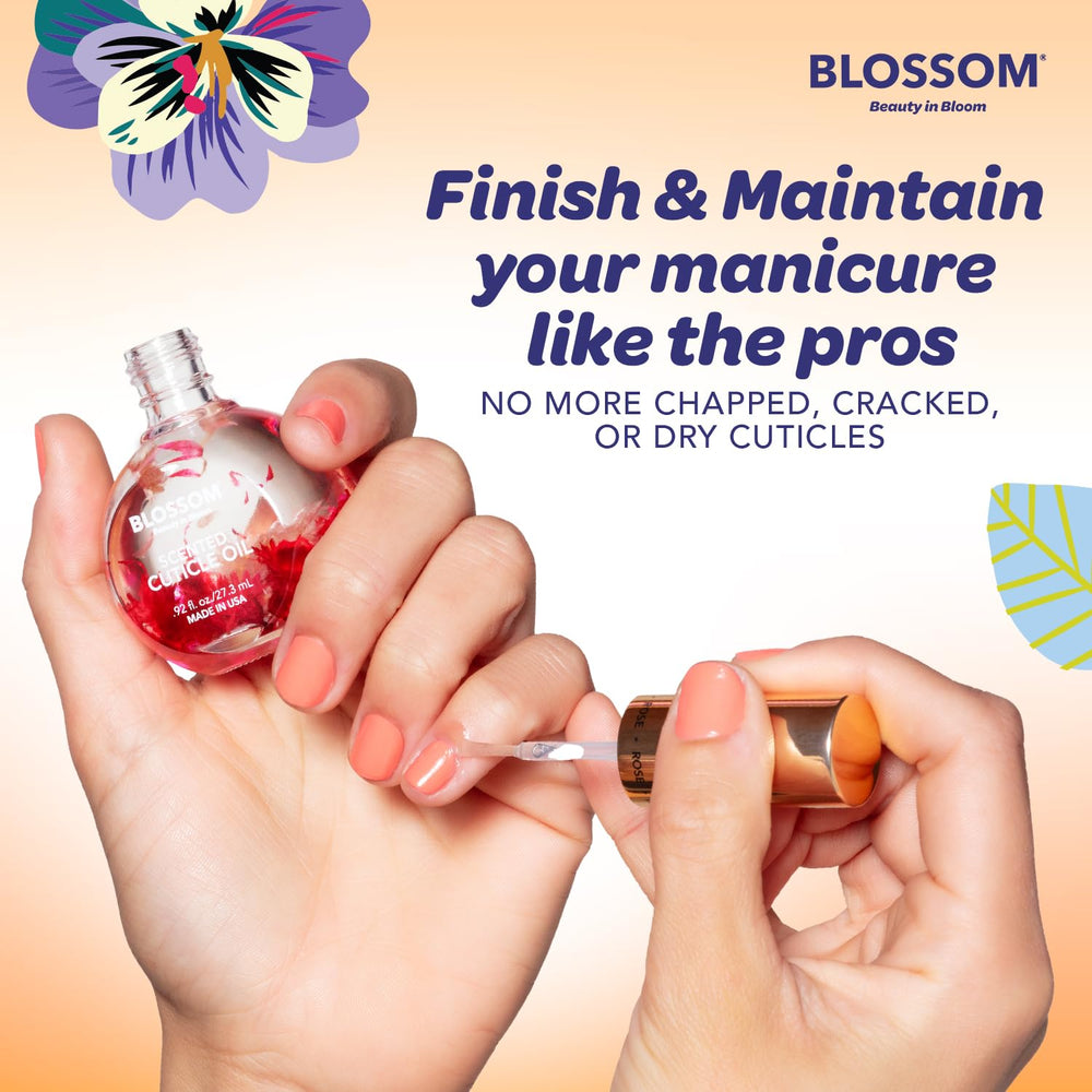 Blossom oil held in hand to show compact 0.5 fl oz travel-friendly benefit