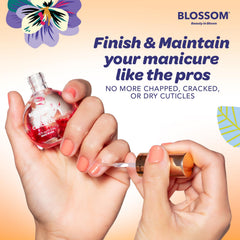 Blossom oil held in hand to show compact 0.5 fl oz travel-friendly benefit