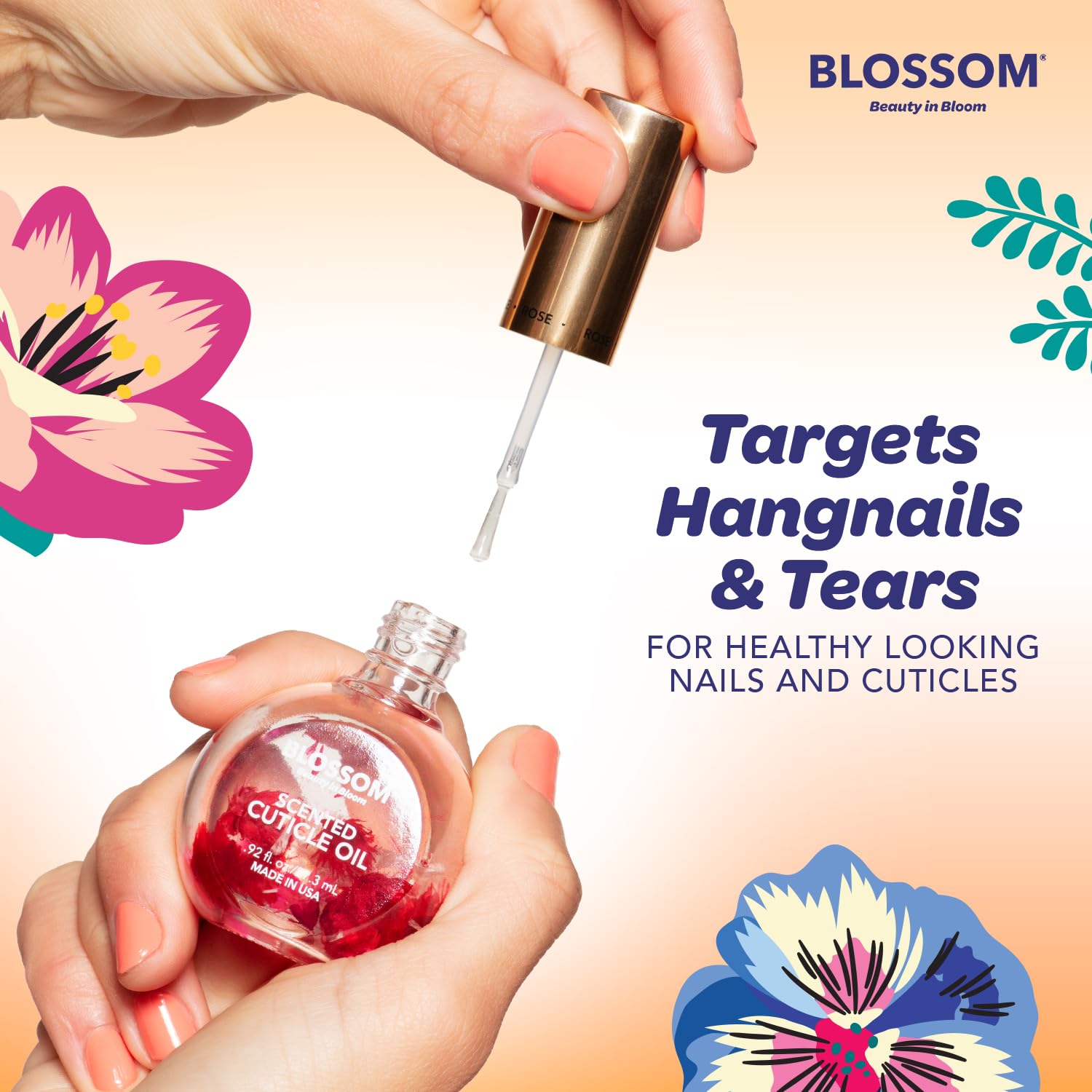 Blossom oil texture on skin showing quick-absorbing moisturizing benefit