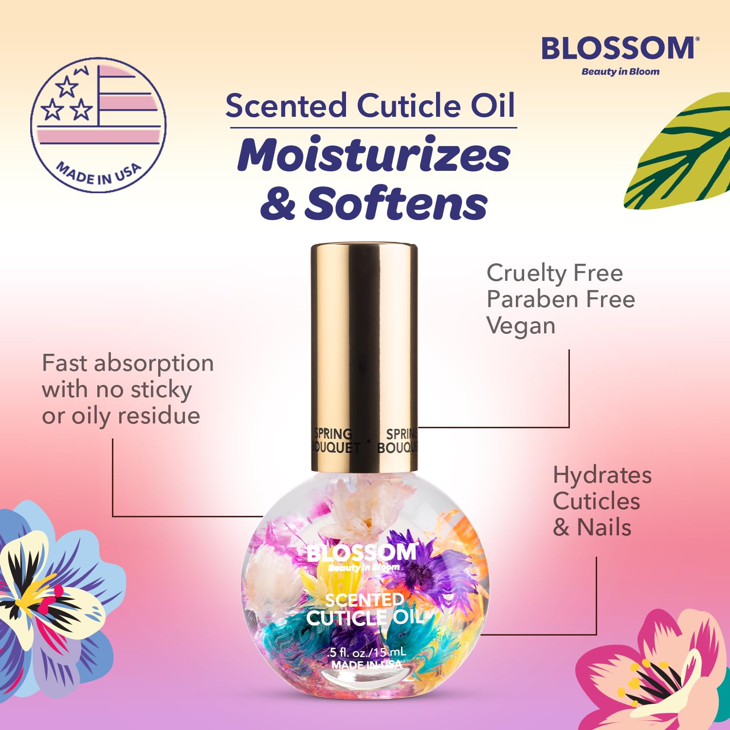 Blossom cuticle oil label ingredient list showing vegan, cruelty-free benefits and safety