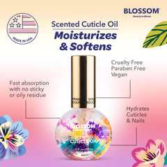 Blossom cuticle oil label ingredient list showing vegan, cruelty-free benefits and safety