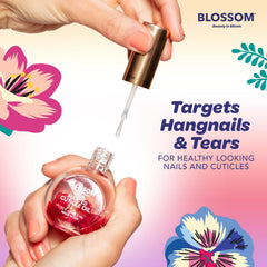 Blossom cuticle oil on hand application demonstrating smooth absorption and softer cuticles