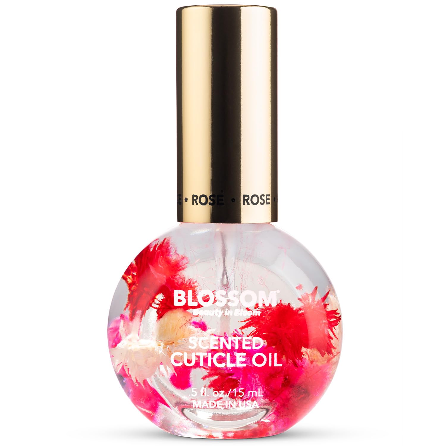 Blossom rose cuticle oil front bottle with dried flowers for pretty storage