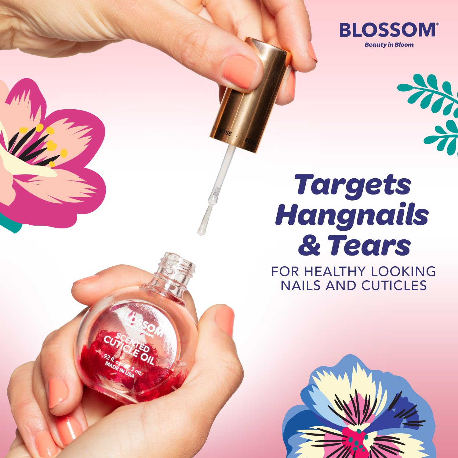 Blossom rose cuticle oil in hand demonstrating compact travel-friendly size