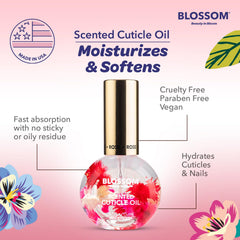 Blossom rose cuticle oil label and packaging highlighting made-in-USA quality