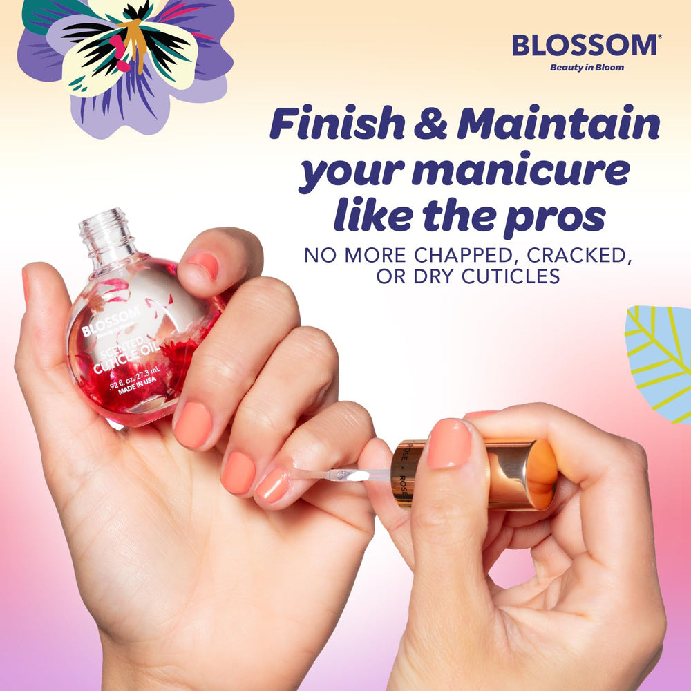 Blossom cuticle oil size comparison next to coin showing compact travel-friendly 0.5 fl oz