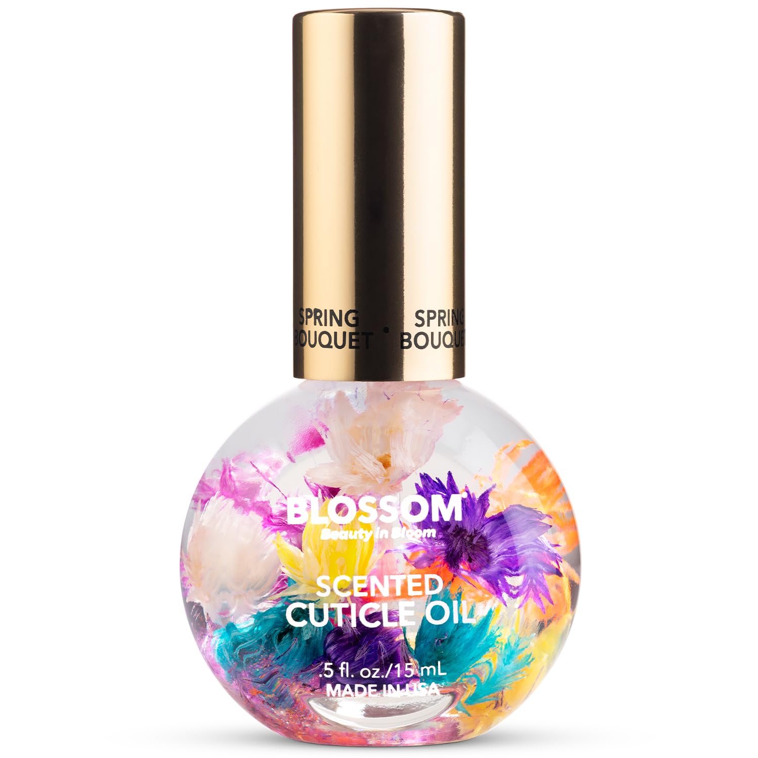 Blossom cuticle oil front bottle showing spring bouquet scent and pretty flowers—and quick hydration