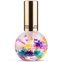 Blossom cuticle oil front bottle showing spring bouquet scent and pretty flowers—and quick hydration
