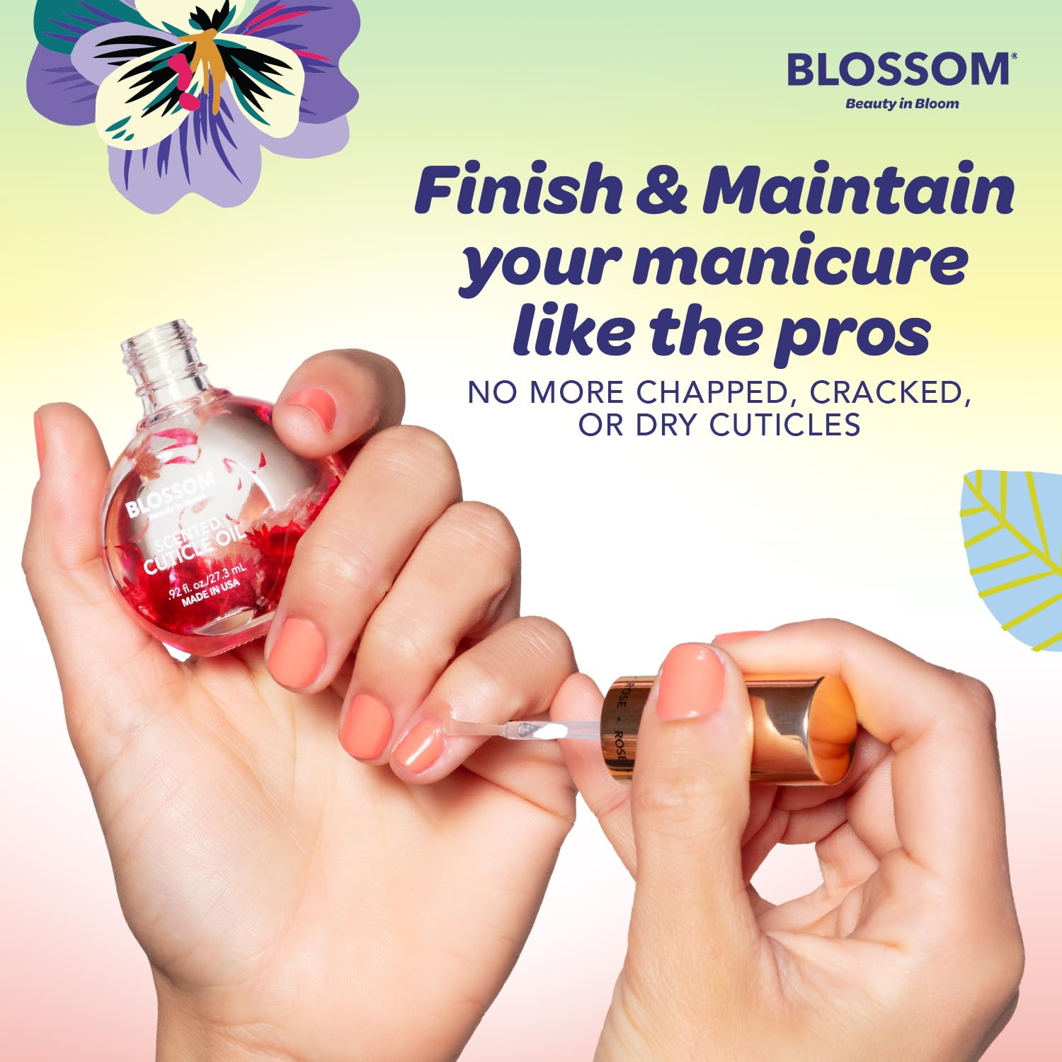 Blossom honeysuckle oil droplet on nail demonstrating fast absorption benefit
