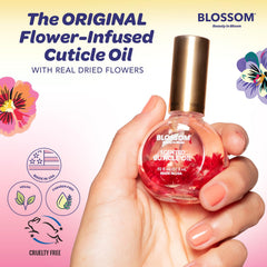 Blossom hibiscus dropper dispensing oil onto fingertip for quick hydration