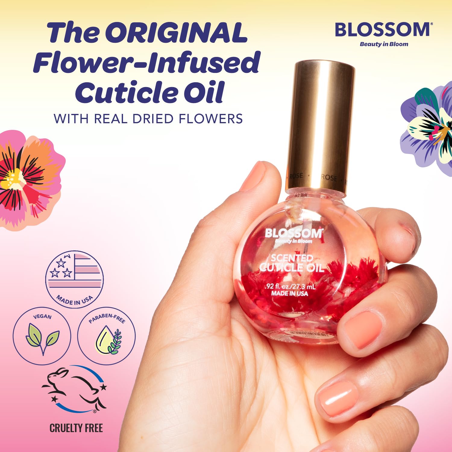 Blossom applying dropper oil to cuticle giving fast hydration benefit