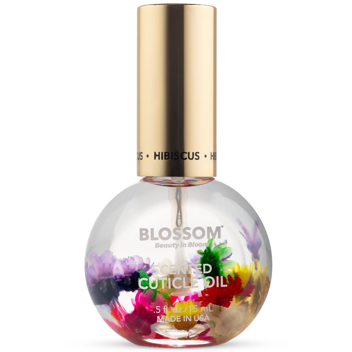 Blossom hibiscus front bottle showing petals and elegant label for pretty nails
