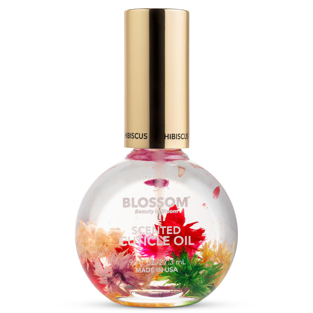 Blossom front packaging showing hibiscus oil bottle and floral appeal