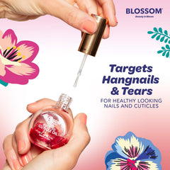 Hand applying Blossom oil to cuticles demonstrating targeted hydration benefit