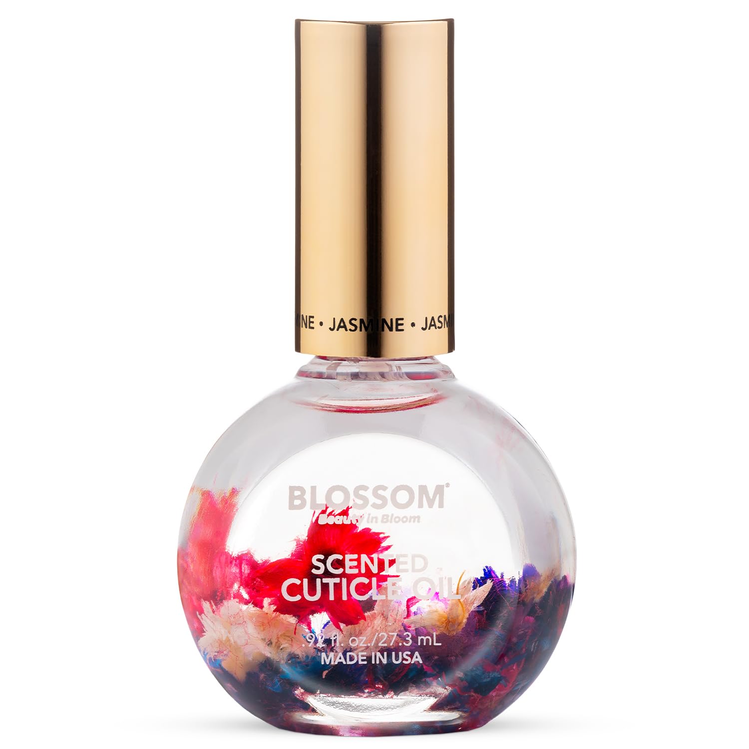Blossom jasmine bottle front showing dried flowers and clear glass for decorative hydration