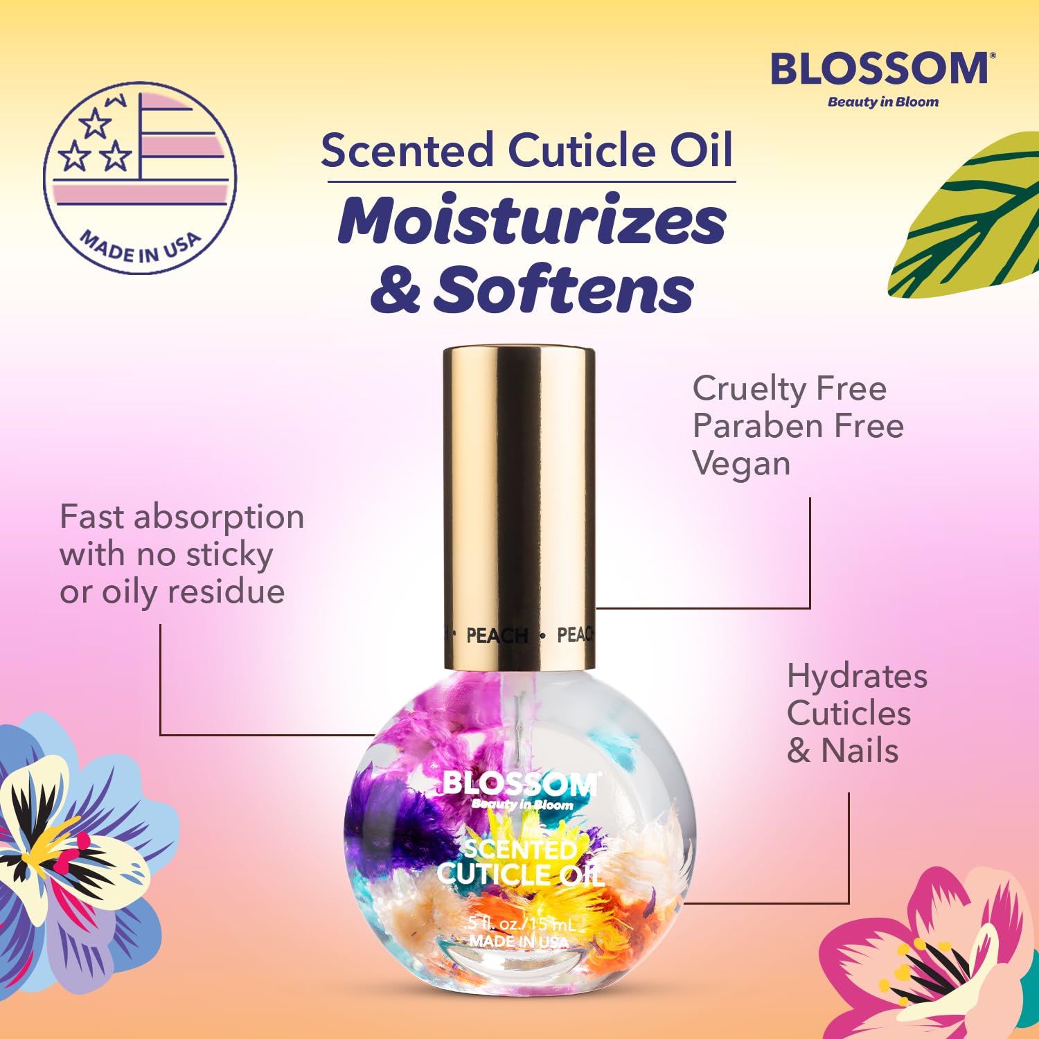 Blossom product label and ingredients list visible, assures clean-paraben-free formulation