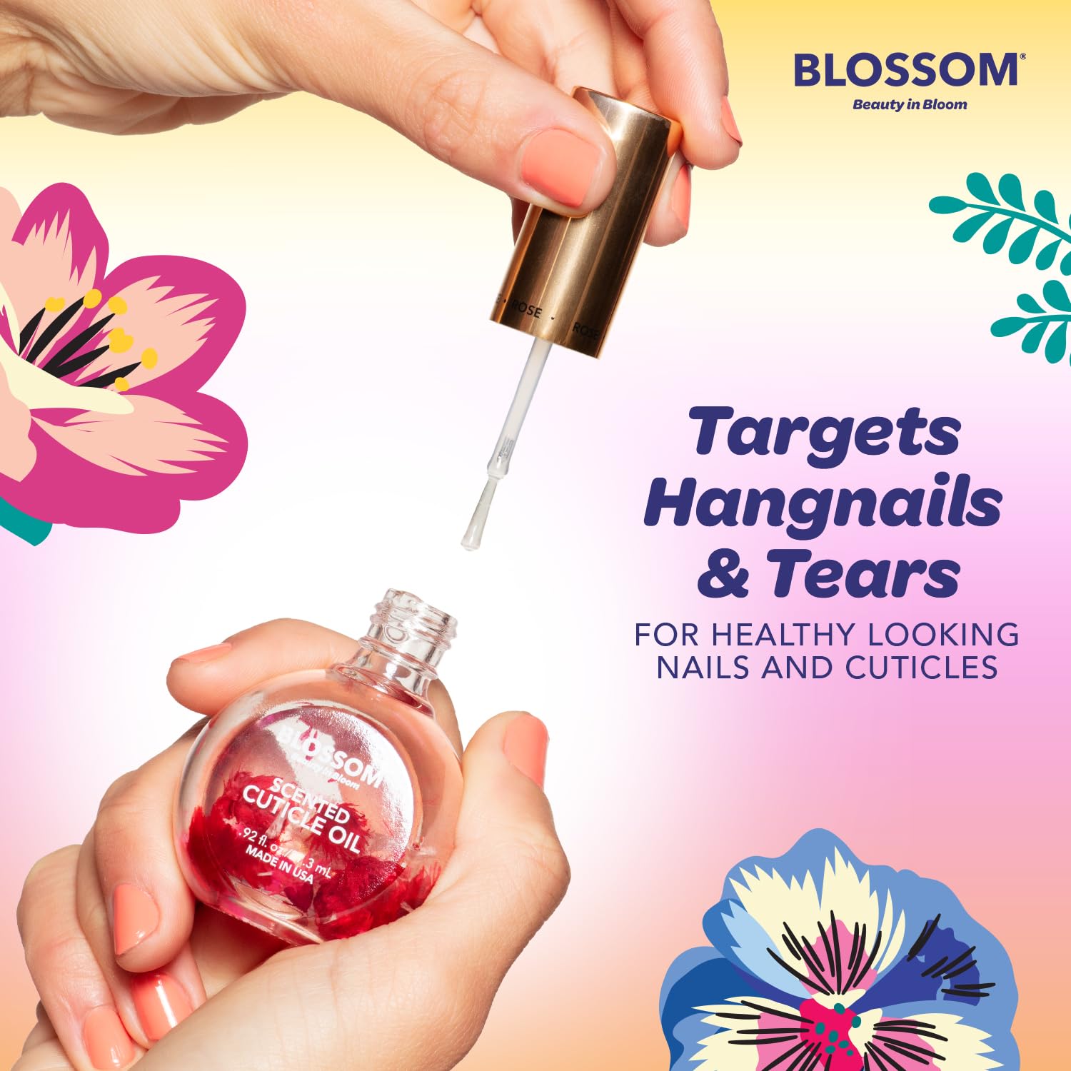 Blossom oil being applied to cuticles, demonstrates fast absorption and softening benefit