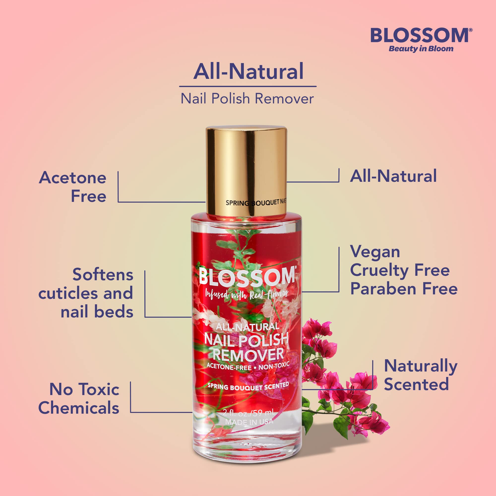 Clear view of Blossom label and ingredient list emphasizing natural formula