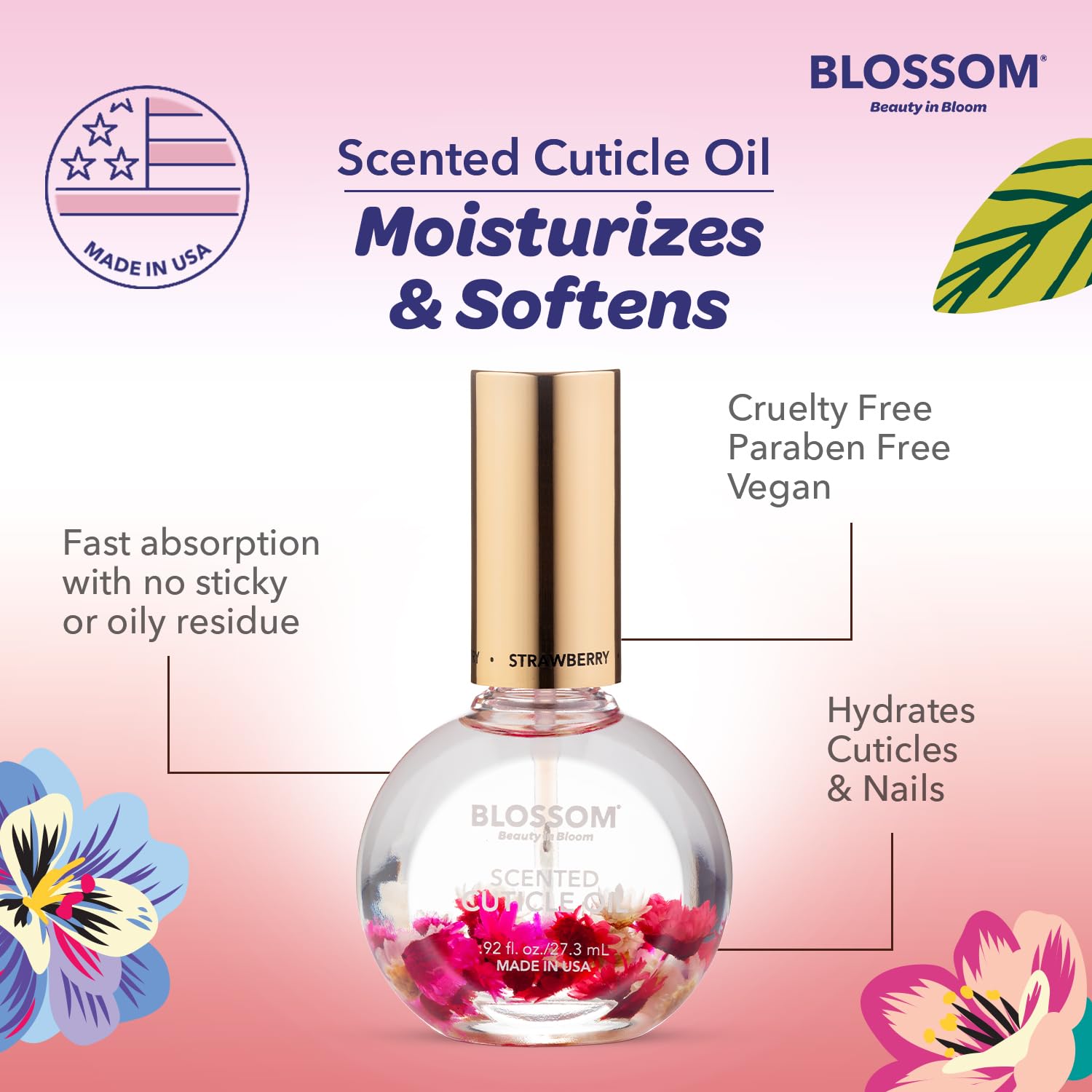 Detailed label view of Blossom ingredients emphasizing clean, vegan benefit