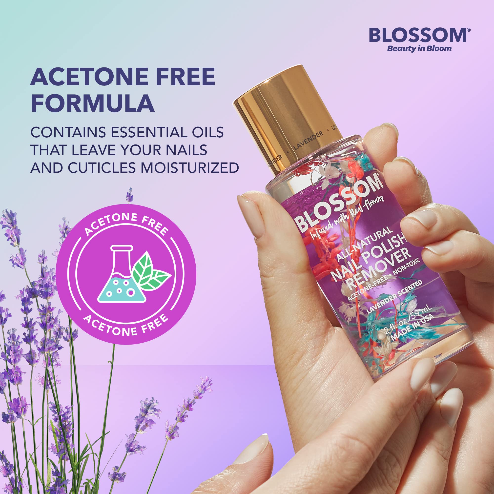 Close-up of real lavender blossoms inside Blossom bottle highlighting botanical inclusion