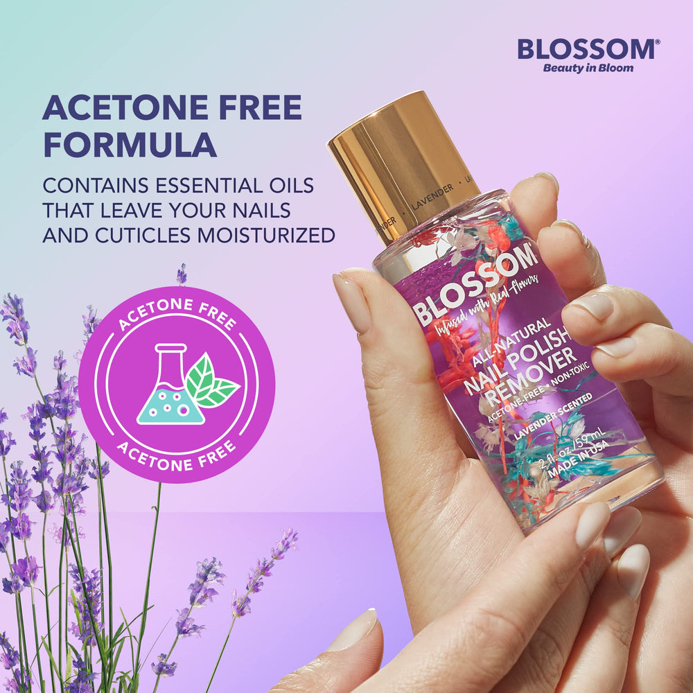 Close-up of real lavender blossoms inside Blossom bottle highlighting botanical inclusion