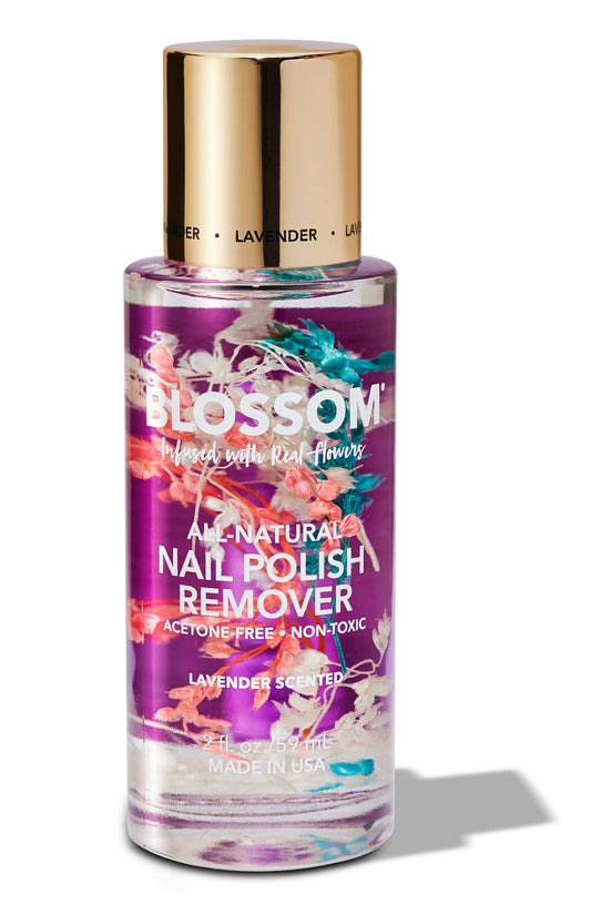 Blossom bottle front view showing lavender flowers and elegant label, offers natural charm